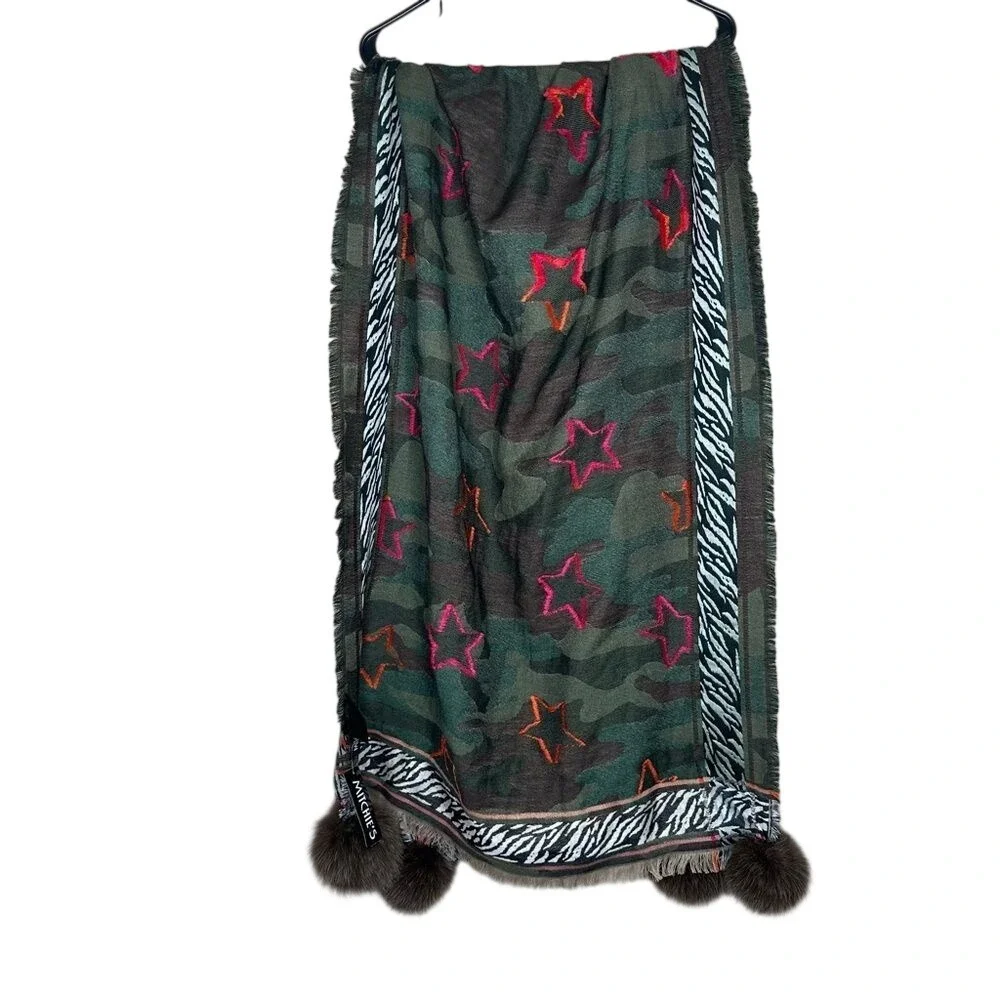 Mitchies Camo StarZebra Print Wrap Scarf Fox Fur Pom Poms Green Pink Cotton Wool
